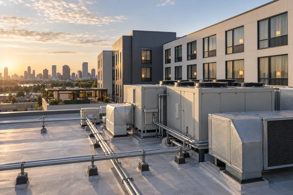 Illustrative hotel rooftop with building equipment and guest-room wings in morning light