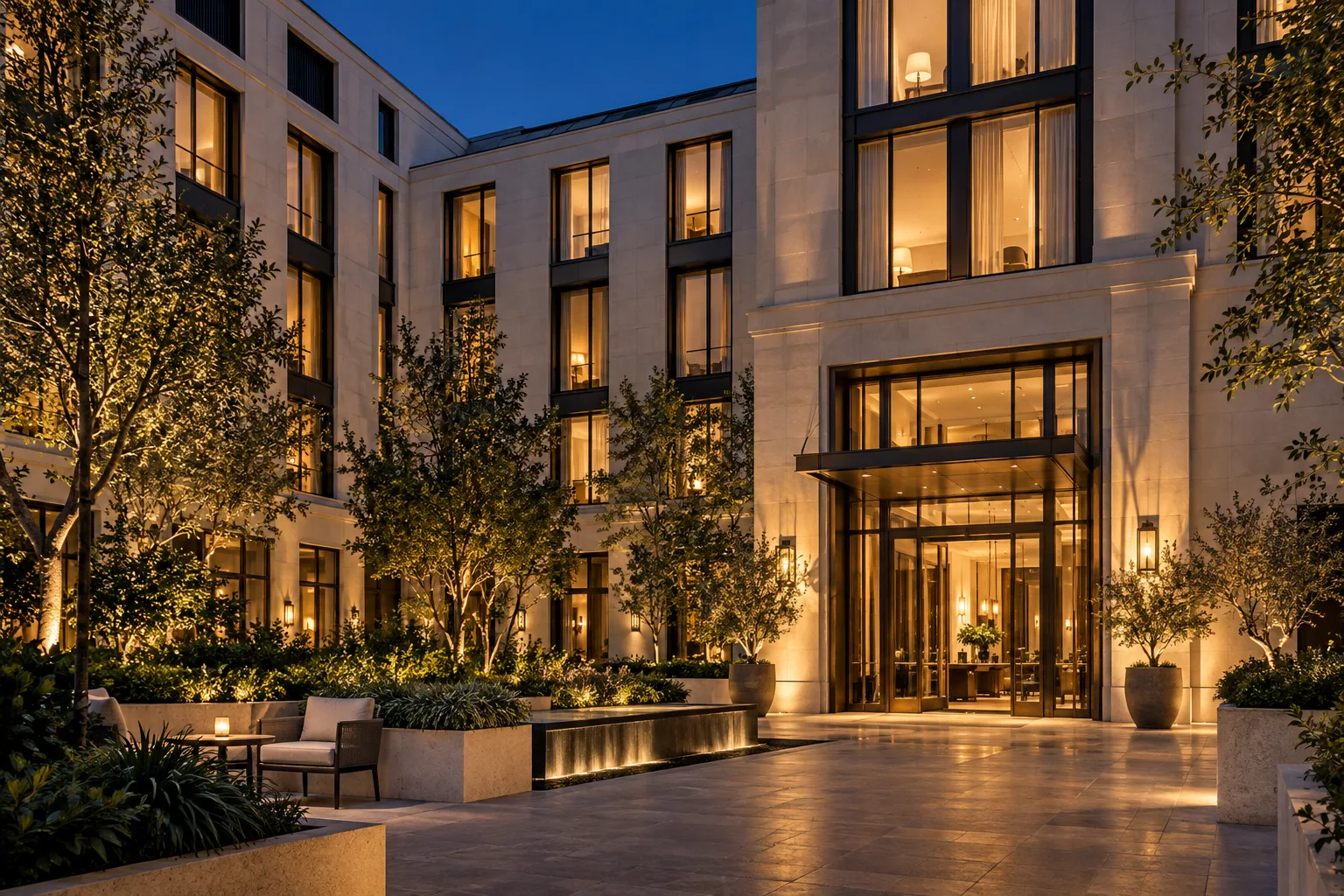 Illustrative hotel courtyard with warm guest-room lighting at blue hour